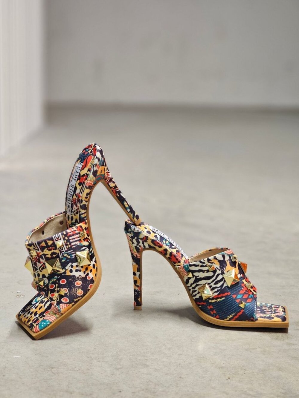 Cape Robbin Gold Studded Multicolor Printed High Heel Mules With Open Toe Womens
